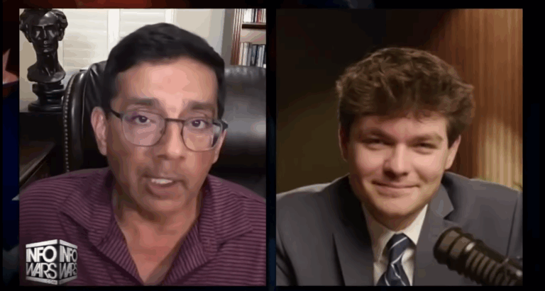 Screenshot of Nick Fuentes debating Dinesh D’Souza during an Infowars segment