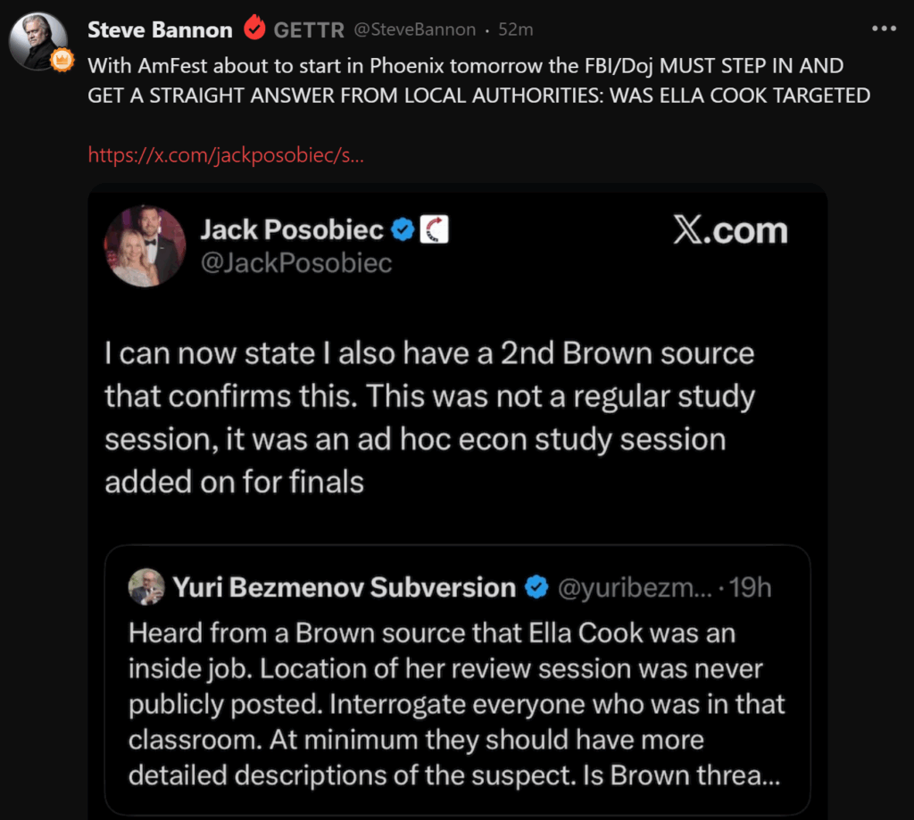 Steve Bannon Gettr post demands federal answers on Brown University shooting and Ella Cook targeting